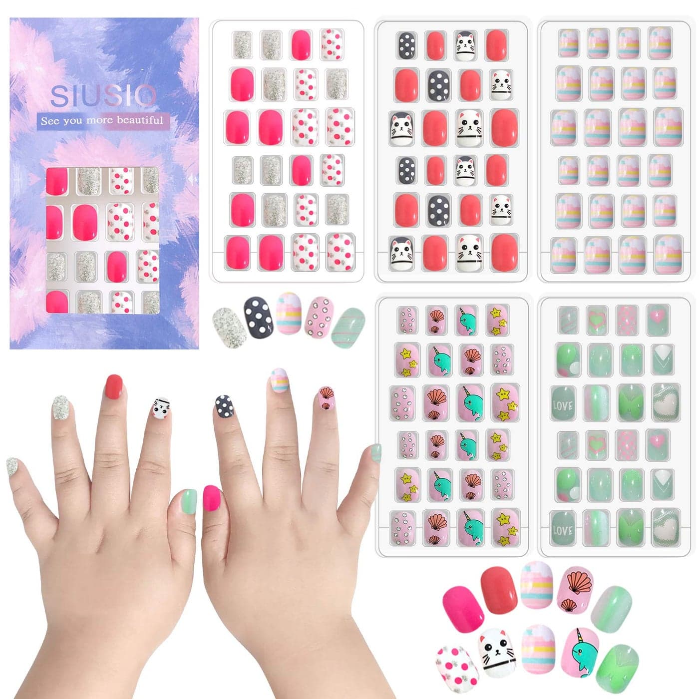 SIUSIO 120 Pcs 5 Pack Children Acrylic Fake Nails Press on Preglue Full Cover Glitter Gradient Color Rainbow Short False Nail Art Kits Set Stick on Nails for Kids Little Girls Pink Hamster