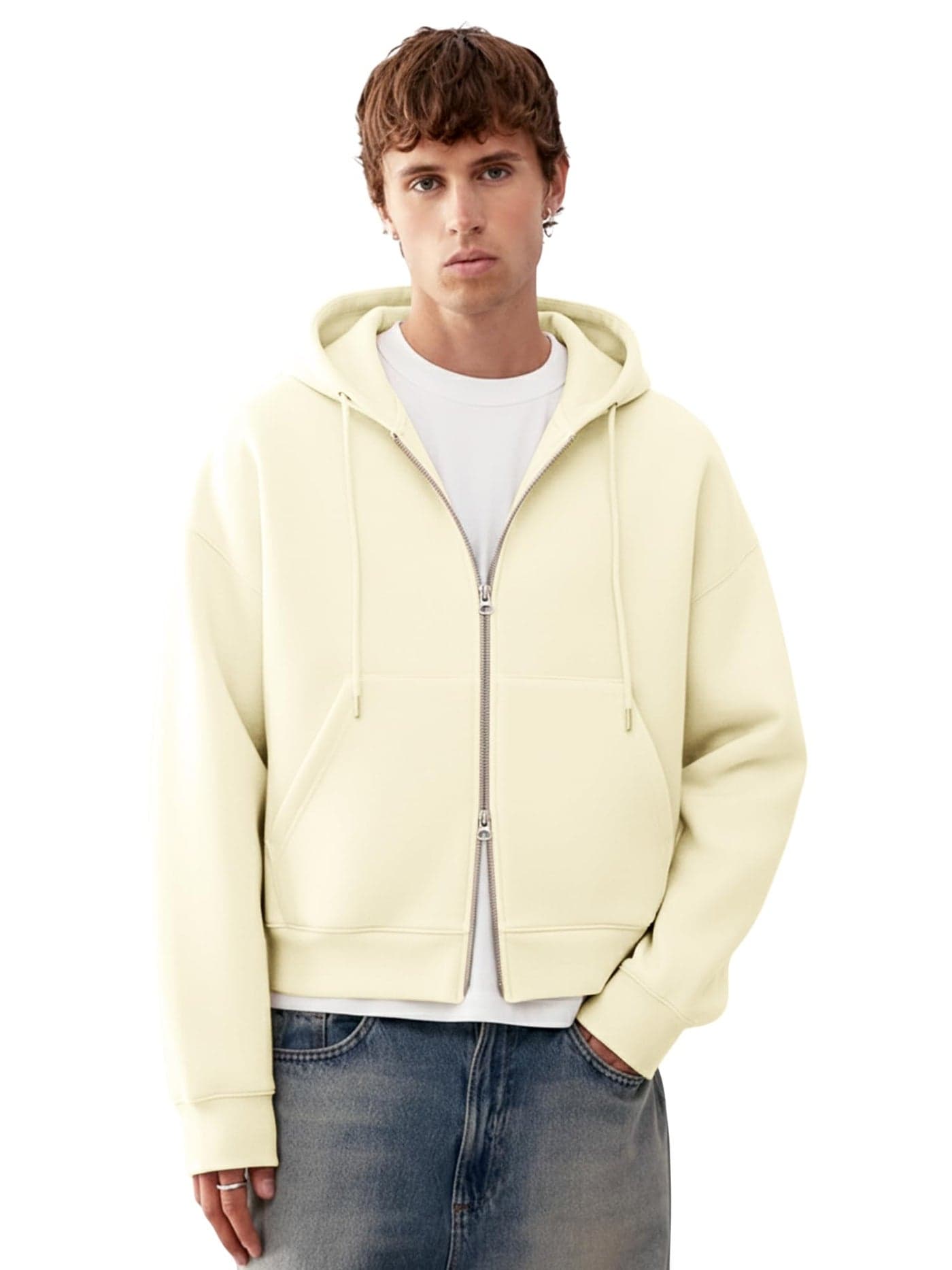 Maniac Mens Solid Dual Zipper Hooded Neck Full Sleeve Cream Cotton Fleece Sweatshirt