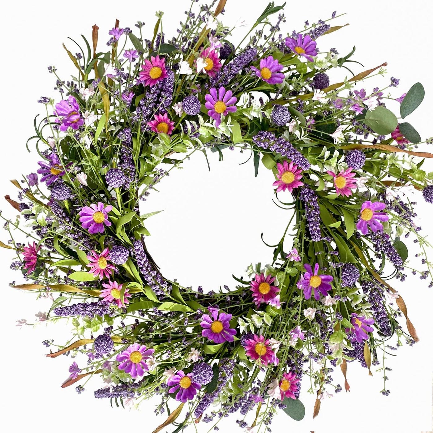 Bibelot 22 Inch Purple Flower Wreath SpringSummer Artificial Wildflowers Green Leaves for Front Door IndoorOutdoor