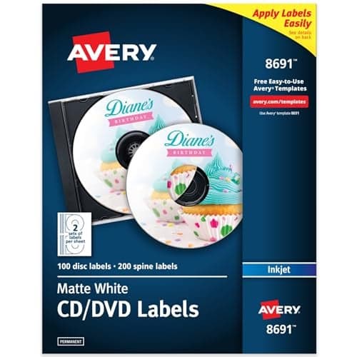 Avery Printable CD Labels Matte White Permanent Adhesive Inkjet Printer Compatible 100 Disc 200 Spine Labels Ideal for CDs DVDs PC Discs Media Projects More 8691