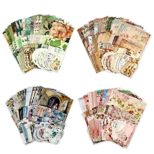 Diuhofart 400Pcs Vintage Scrapbook Supplies Kit Scrapbook Paper and Journaling Stickers Set 4Pack Scrap Booking Kit for Junk Journals Bujo Collage Card Making DIY Crafts Arts