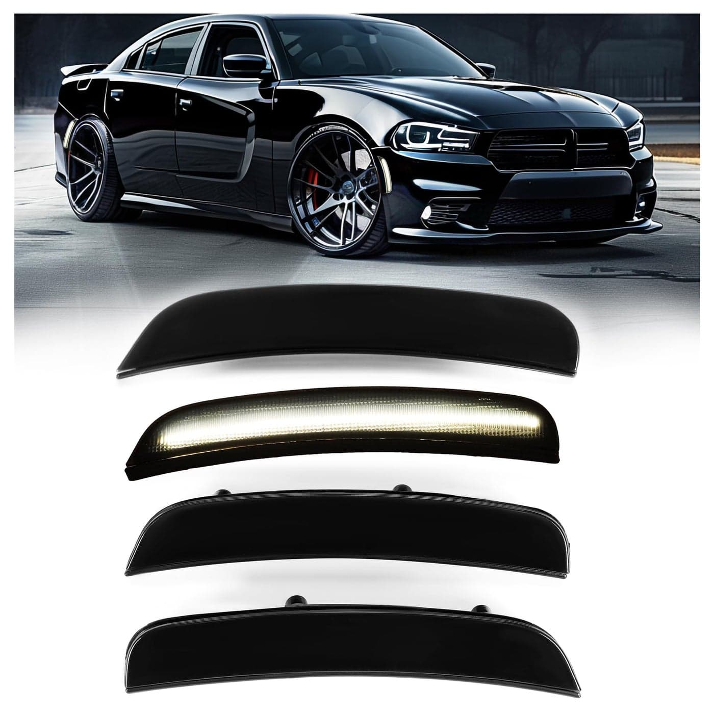 HECASA Side Marker Light LED Compatible with 20152024 Dodge Charger Side Marker Lamps Reflectors Front Rear Smoke Lens White Lights Replacement for 68214404AA 68214405AA 4Pcs