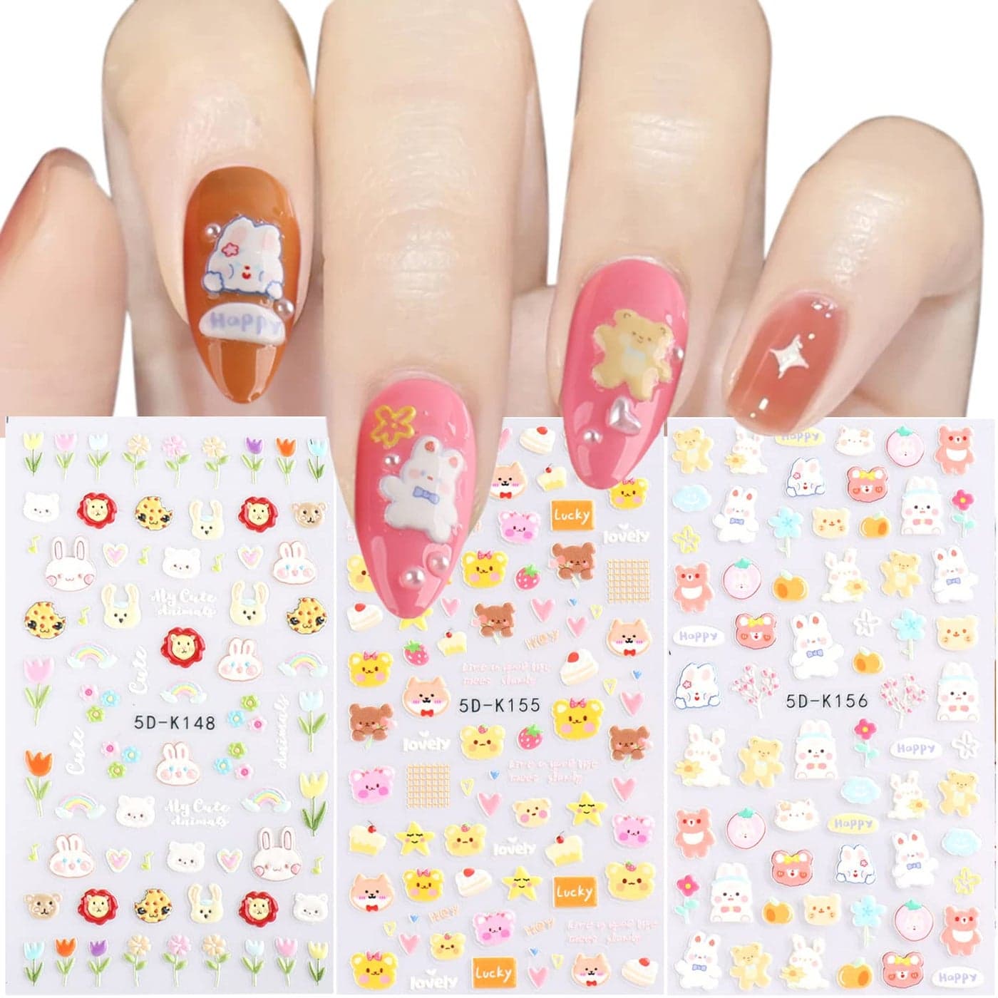 Cartoon Animal Nail Art Stickers 5D Engraved Nail SelfAdhesive Sticker Design Cute Dog Bear Rabbit Lion Nail Transfer Decals for Women Girls Manicure Lovely Decorations Resin Decal Nail Art Tips