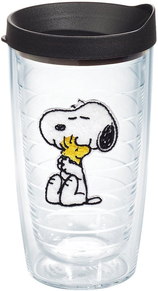 Tervis Peanuts Felt Tumbler with Emblem and Black Lid 16oz Clear