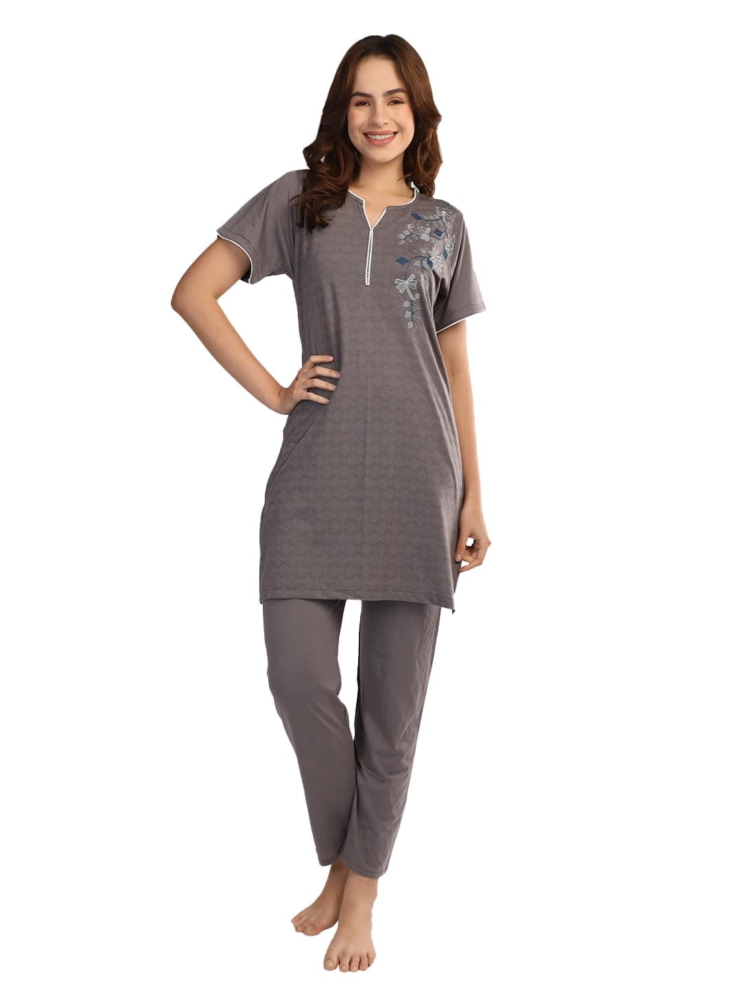 Duchess Women's Cotton Embroided Long Length Night Suit Set