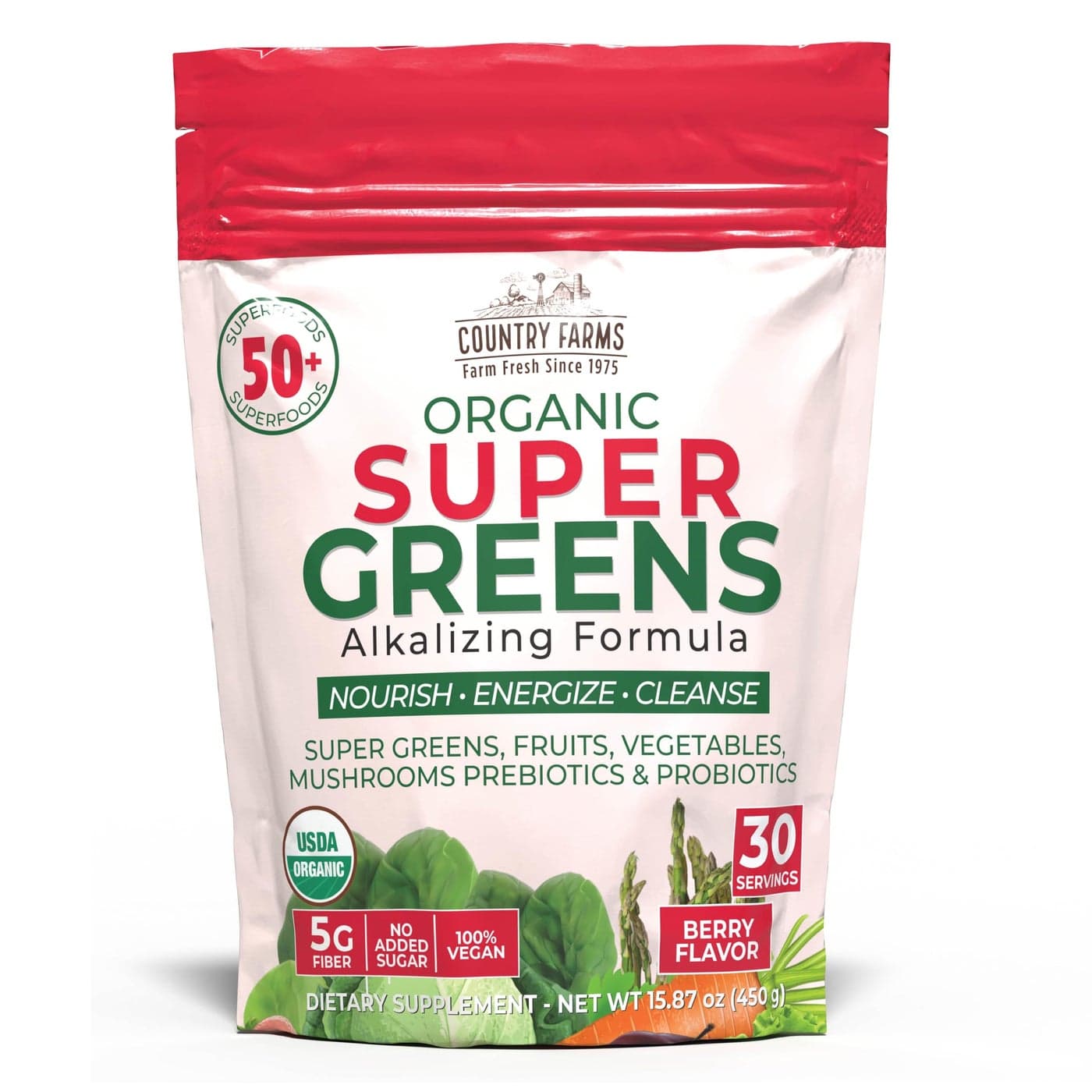 COUNTRY FARMS Super Greens Berry Flavor 50 Organic Super Foods USDA Organic Drink Mix Wheat Grass Spirulina Chlorella Mushrooms Probiotics with Fiber Gut Health Natural Energy 30 Servings