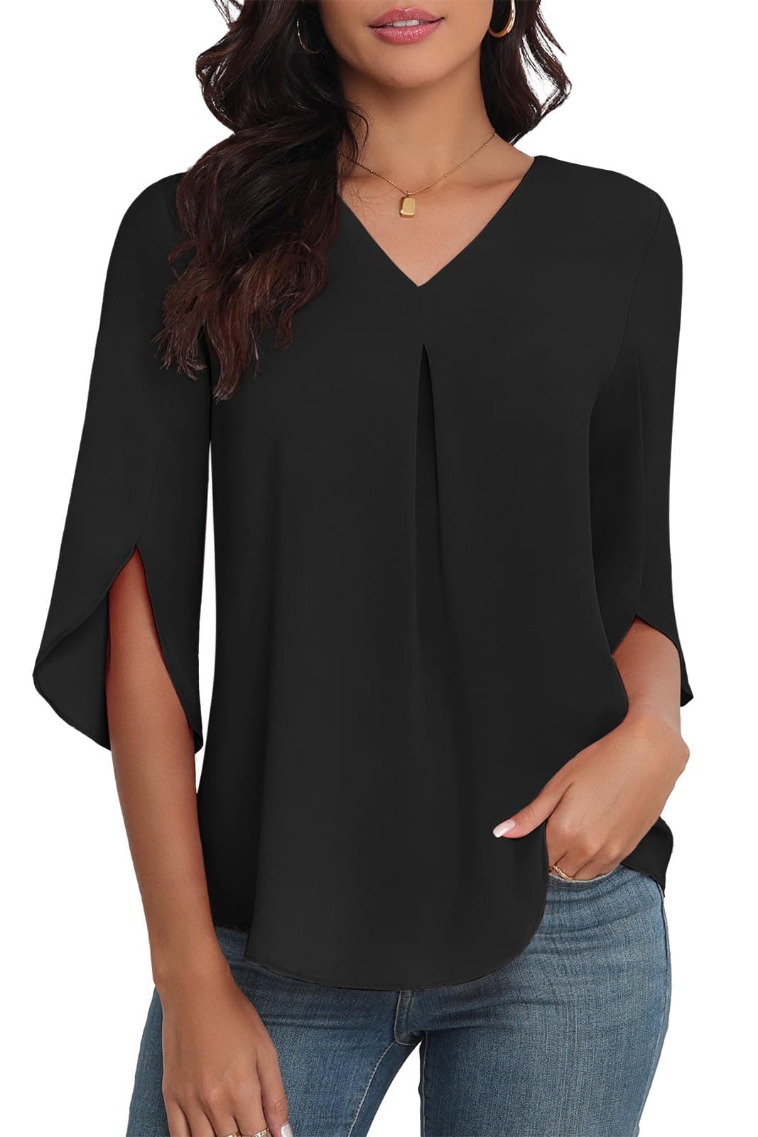 LAOLASI Summer Blouses Ruffle Split Short Sleeve V Neck Casual Dressy Blouse Office Elegant Ladies Fashion Tops Shirts,Black,M