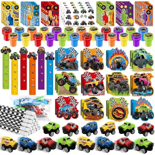 BenLouis 192Pcs Monster Truck Party Favors Truck Car Birthday Stampers Stickers School Stationery Set Bulk for Kids wheels party Race Car Themed Party Goodie Bag Stuffers Pinata Filler Supplies