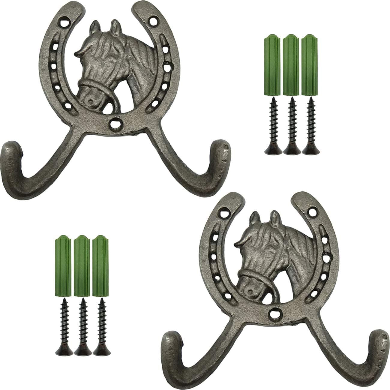 TIHOOD 2PCS 45 Horse Head Horseshoe Western Double Cast Iron Wall Hooks Horse Shoe with Horse