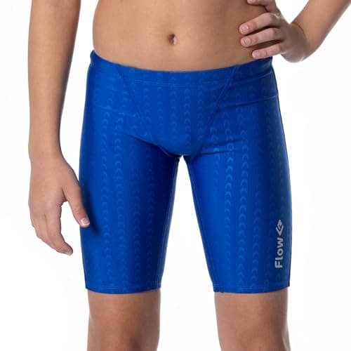 Flow Accelerate Swim Jammers - Size 21 to 32 Swimming Jammer Shorts for Boys in Black, Navy, and Blue (30, Blue Crescents)