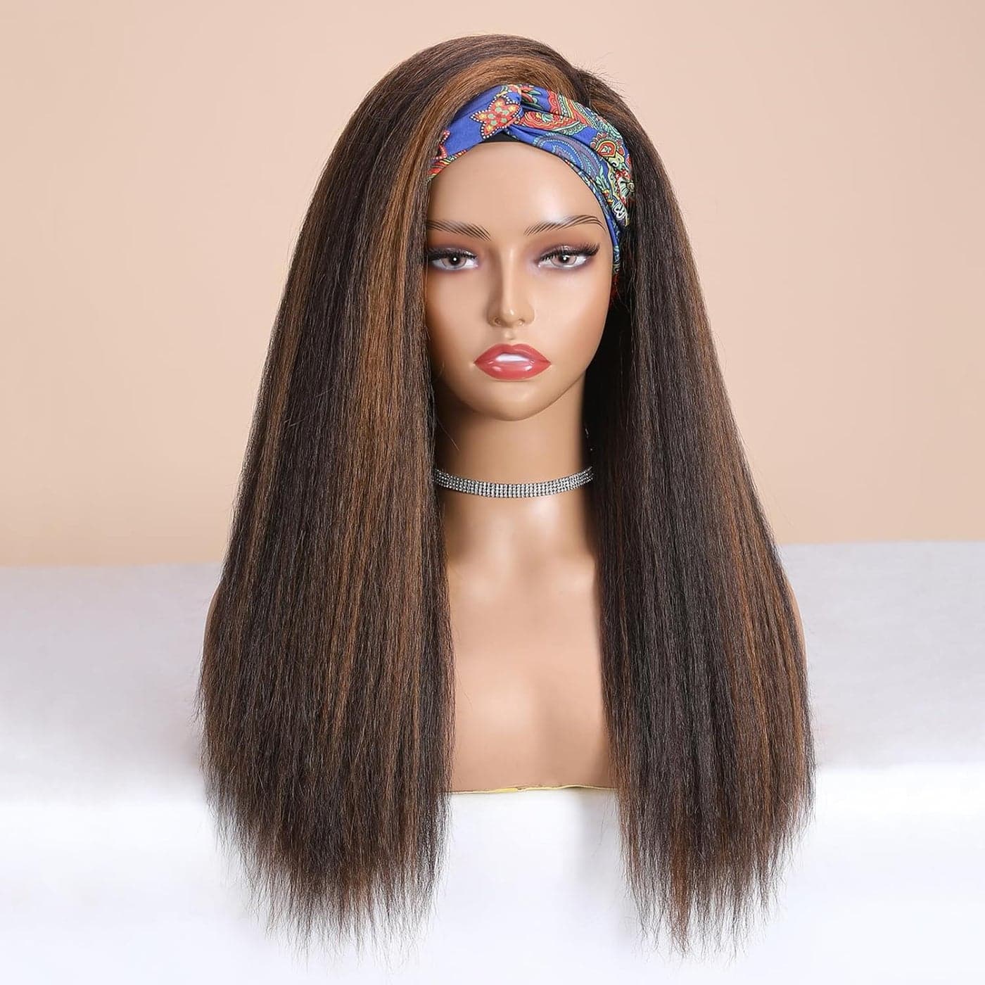 WIGNEE Brown Highlights Kinky Straight Headband Wig for Women 22 Inches Yaki Straight Wigs with Black Headband Kinky Straight Wigs for Black Women 2A30 Highlights 22 Inch