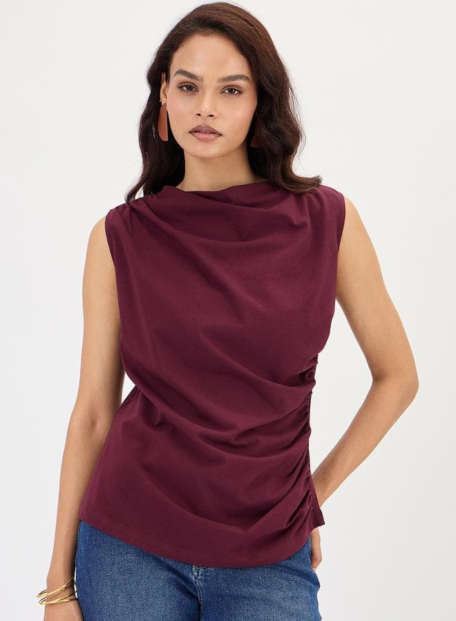 Wine Cotton Knit Ruching Detail Top
