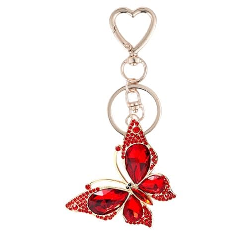 Weixiltc Charm Keychain for Women, Cute Heart Key Chain with Diamond Butterfly Pendant, Lovely Bag & Purse Keyring Accessory (Red)