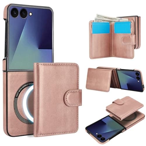 XIMAND for Samsung Galaxy Z Flip 7 Case with 2 in 1 Detachable Magnetic Wallet 4 Card Slots and Cash SlotCompatible with MagSafe Wireless Charging RFlD Blocking Rose Gold