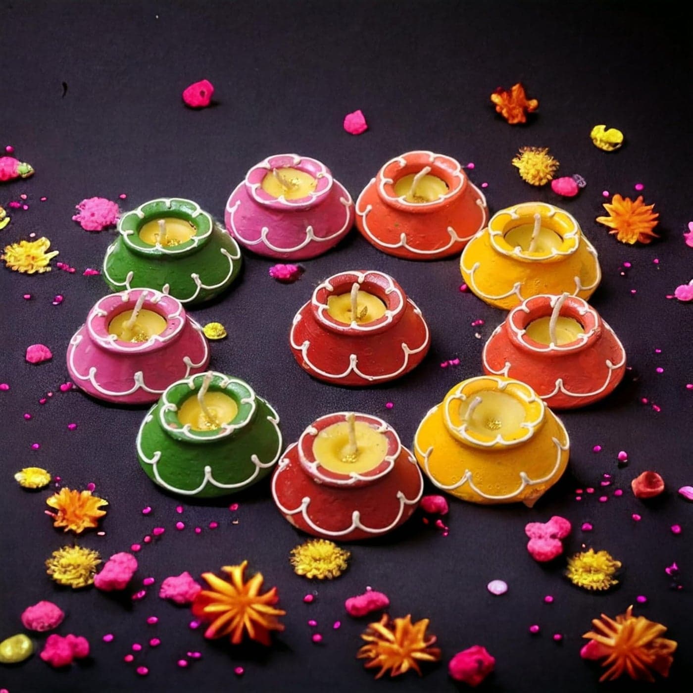 Saudeep India Traditional Handmade Decoative Clay Matki DiyasColourful Diwali Diya Set for Decoration Set of 10