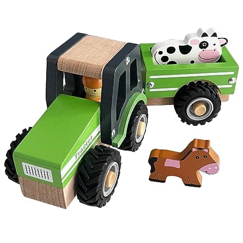 WoodenEdu Wooden Tractor Toys for Toddlers 13 Baby Vehicle Toys Hand Push Car Toys for 1 2 3 Year Old Boys Girls Green
