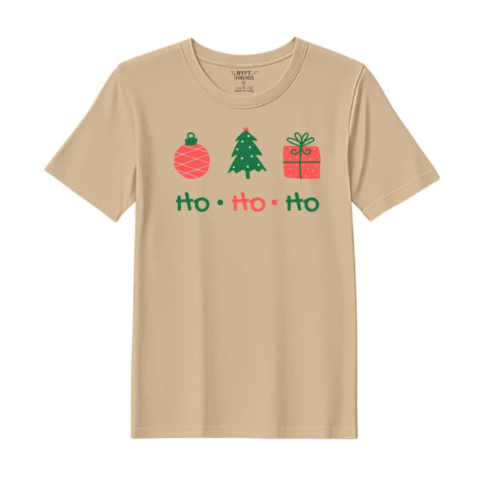 BYFT Threads Large Beige Polycotton T-Shirt - Christmas "HO HO HO" Printed Design, Premium Holiday Collection