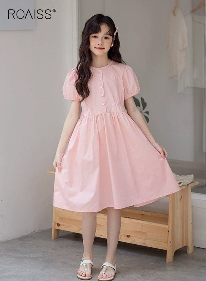 Girls Stylish Summer Dress, Elegant Chic A-line Dress, Round Neck Puff Sleeve Frock, Comfortable Breathable Midi Dress for Girls, Suit for Daily Wear or Any Occasion