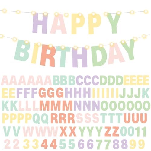 TaoBary 112 Pcs DIY Letter Kit Glitter Customizable Banner Letters Include 107 Letters and Numbers 3 Rope and 2 Needles for Birthday Halloween Christmas Wedding Valentine Party DecorMacaron Color