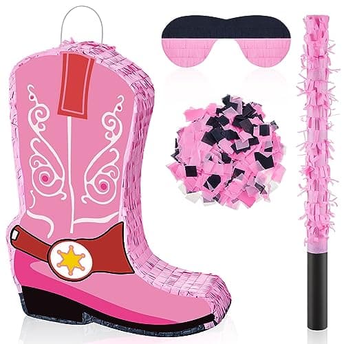 Lewtemi 157 Inch Cowboy Hat Piata Western Cowboy Theme Birthday Party Decors Favors with Blindfold Stick Confetti Photo Prop Candy Holder Valentine Party SuppliesPink Boot
