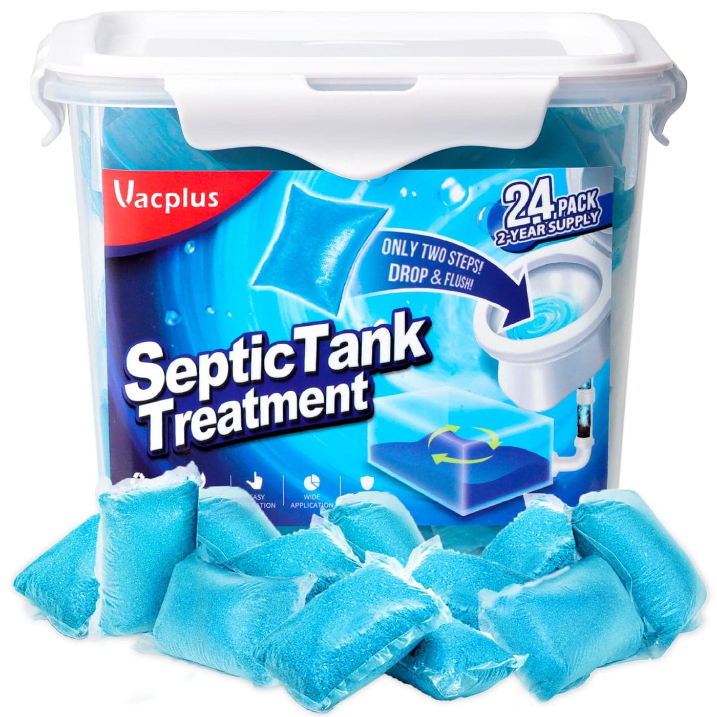 Vacplus Septic Tank Treatment 24 Packs for 2Year Supply BucketPacked Septic Tank Treatment Packets Dissolvable Flushable Septic Tank Treatment Enzymes with Easy Operation for Wastes Odors
