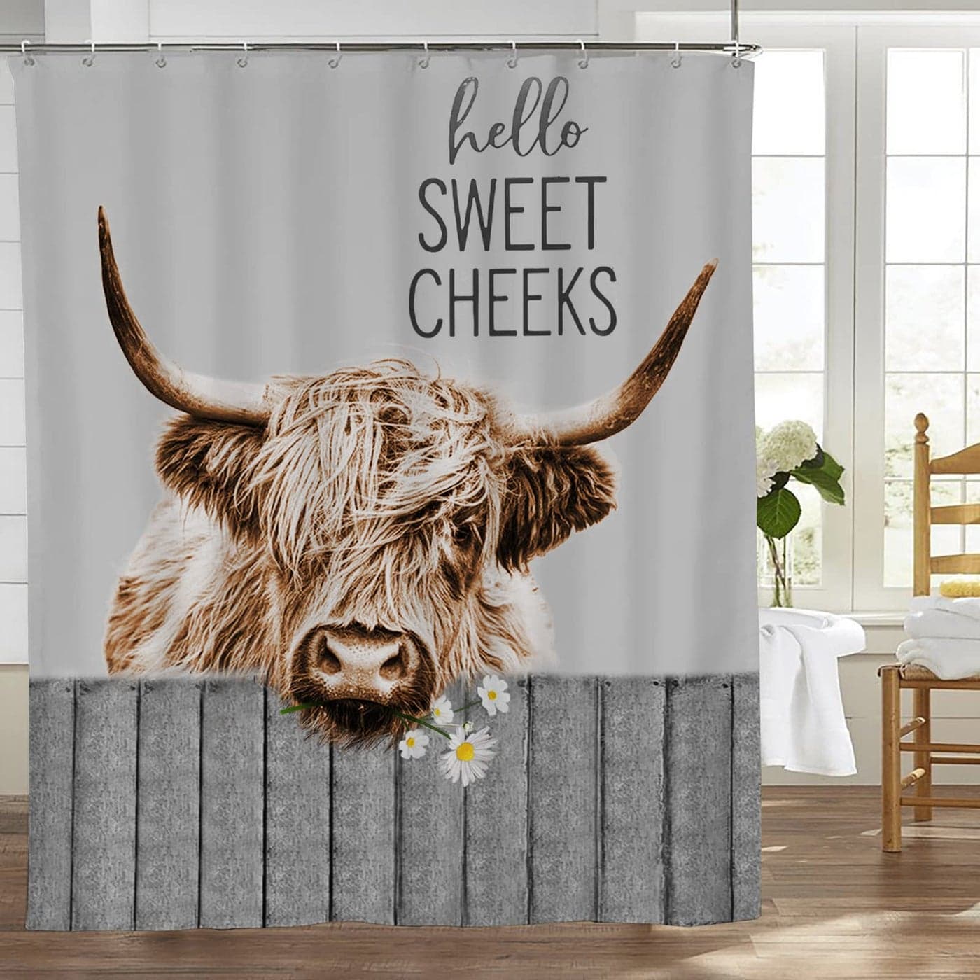 Grey Farmhouse Highland Cow Shower Curtain Cute Funny bathroom curtain Farm Rustic Country Cow Shower Curtains Waterproof Fabric Western Longhorn Bathroom Decor Cheeks Curtain with Hooks 60x72 Inch