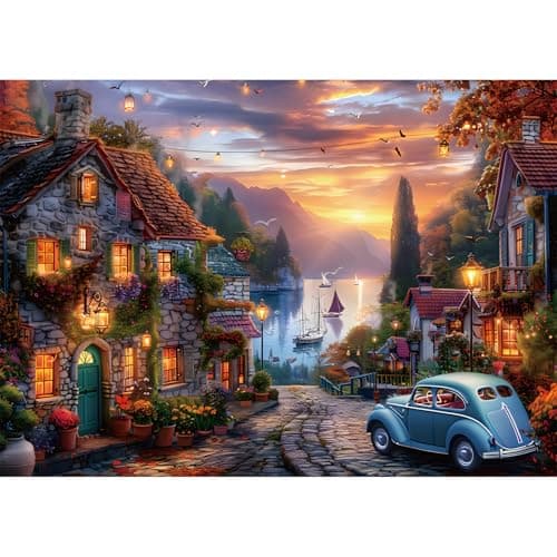 Yunlus Jigsaw Puzzles for Adults 1000 Pieces Autumn Lakeside Town Mountain Puzzles Impossible Hard Difficult Challenging Puzzles Sunset Natural Landscape Jigsaw Puzzle 1000 Pieces 28 x 20 inch