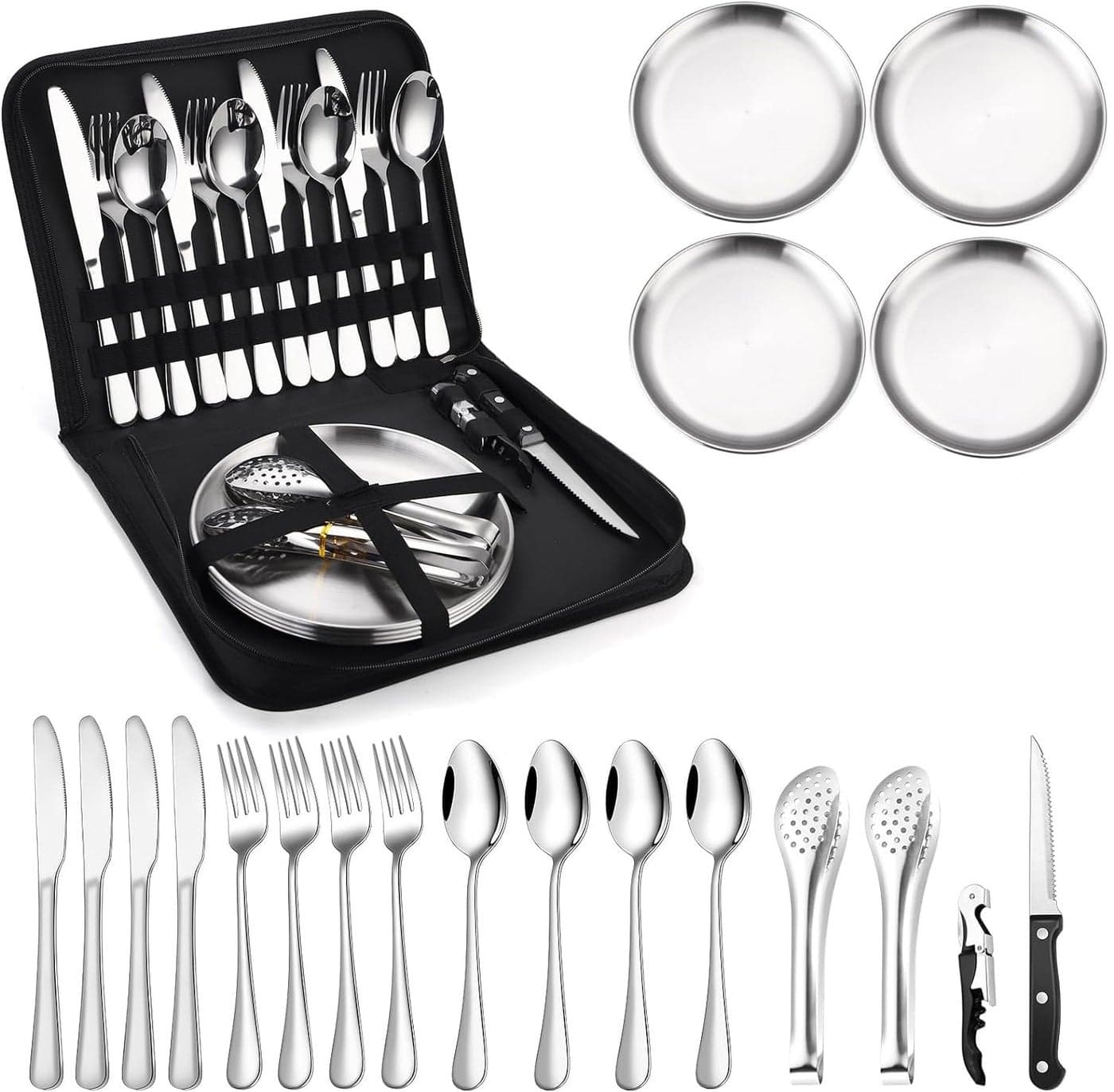 KEYOZA Camping Cutlery Set Outdoor Travel Cutlery with Forks Spoons Knives Bottle Openers Plates and Ideal for Outdoor Cookware Travel Hiking Camping Perfect for 4 People