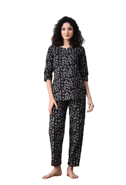 Ichaa Women's Cotton Black Printed Top and Pyjama Night Wear Night Suit or Lounge Wear Set