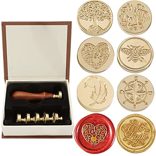 Yoption 6 Pcs Wax Seal Stamp Set, Vintage Tree of Life Bee Heart Compass Feather with Love Sealing Wax Stamps Kit, Wooden Handle with Brass Head for Wedding Invitation Cards Christmas Gift