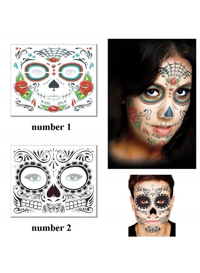 Halloween Face Tattoo Stickers Day of the Dead Tattoos Sugar Skull Water Transfer Stickers with Floral Red Rose Black Web Fake Face Mask Temporary Tattoo for Halloween Parties, Masquerade 4 PCS