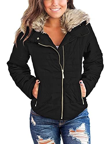 Vetinee Women Casual Faux Fur Lapel Zip Pockets Quilted Parka Jacket Puffer Coat Black Small Fits US 4US 6