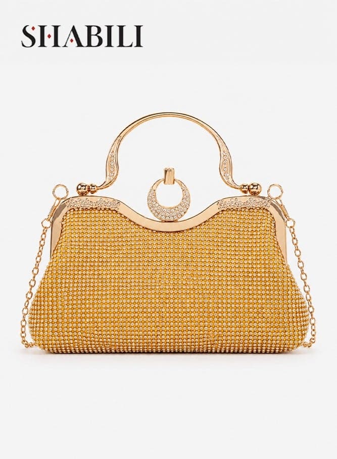 Women Rhinestone Large Capacity Evening Bag Banquet Clutch Shoulder Crossbody Bag, Ladies Sling Bag with Crystal Handle Vintage Lock Buckle Gold Chain Strap for Teenager Youth Party Travel (Gold)