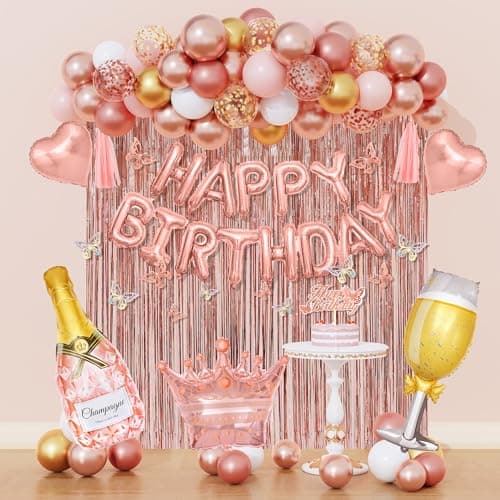 Amandir Rose Gold Birthday Party Decorations for Women Girls Rose Gold Pink Confetti Foil Balloons Butterfly Fringe Curtain Happy Birthday Banner Cake Topper for30th 40th 50th 60th Supplies Decor