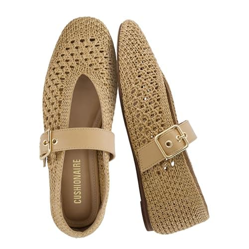 CUSHIONAIRE Gabby Woven Mary Jane Ballet Flats for Women, Comfortable Dressy Flat Shoes with Adjustable Gold-Tone Buckle and Memory Foam Cushioning, TAN 7