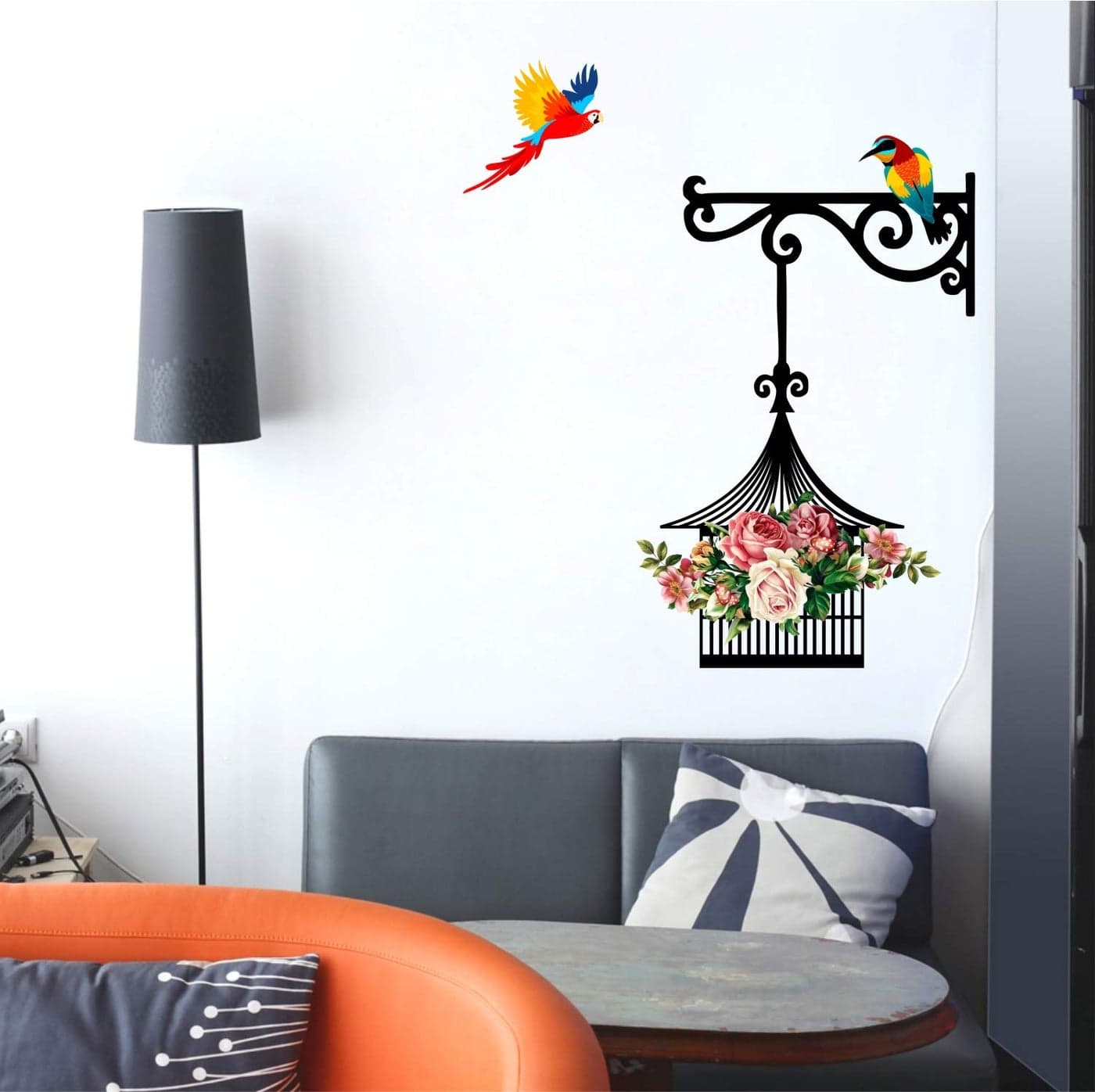 Sticker Yard Vinyl Hanging cage Flowers Birds Wall Sticker, 60 x 71 cm, Multicolour, Botanical-Self-Adhesive