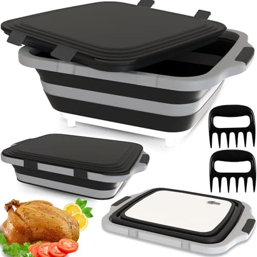 MAYALEAD BBQ Prep Tub with 2 Pcs Meat Shredder Claws Collapsible Cutting Board Cutting Board with Locking Lids Drip Easy BBQ Prep Tub with lidXL Size Black