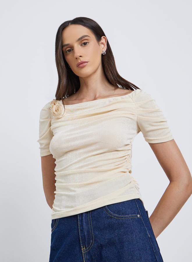 Styli Flower Corsage Mesh Short Sleeve Top