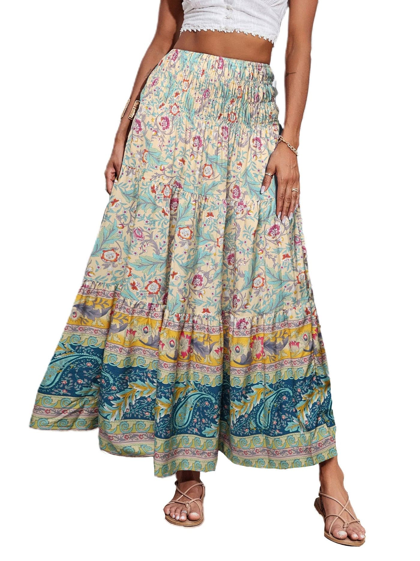 CFLONGE Summer Maxi Skirts for Women 2025 Fashion Boho Long Skirt Trendy Floral High Waist A Line Beach Skirt Vacation Outfit(Apricot,Large)