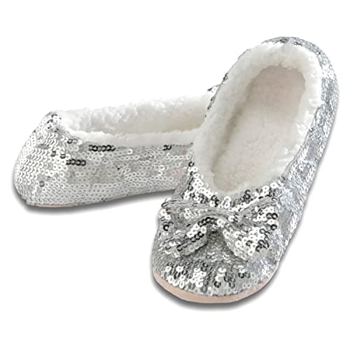 Snoozies Women's Ballerina Metallic Shine Silver Sequin Slippers-Medium (7-8)