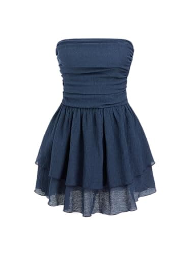 CIDER Women's Summer Cocktail Dress - Tube Ruched Ruffle Mini Dress: Dark Navy, X-Small