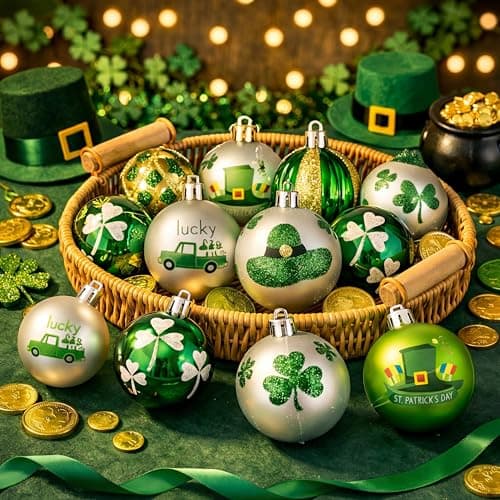 Arrowbash 12 Pcs St. Patrick's Day Ornaments for Tree Green and Gold Shamrock Ball Ornaments St Patrick's Day Decorations Good Lucky Clover Irish Festival Decor for Tree Party Shelf Decor