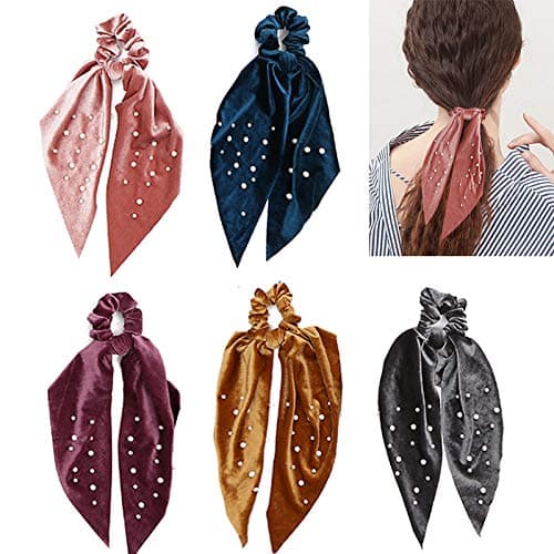 5 Pcs Velvet Scarf Hair Scrunchies Silk Ribbon Bow Scrunchies Super Soft Velvet Hair Ties Bowknot Scrunchies Bowknot Elegant Elastic Hair Bands Ponytail Holder 5 Packs A