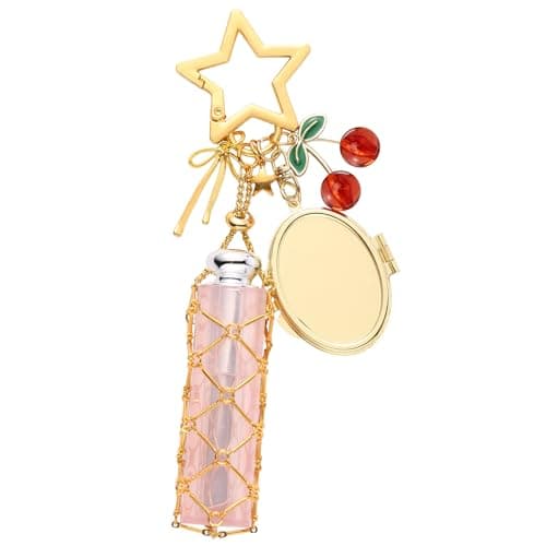 TrinhGuo Chapstick Holder Key Chain - Lip Gloss Keychain Gold Lipstick Holder Keychain, Star Bow Lip Balm Charm for Bag Purse, Lipgloss Holder Charms with Mirror and Cherry Pendant for Women