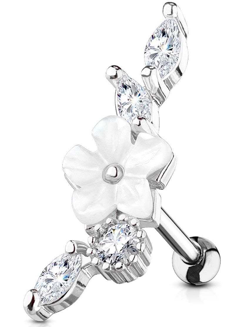 Forbidden Body Jewelry 16g Surgical Steel Cartilage Stud Earring Faux Pearl Flower (Silver Tone)