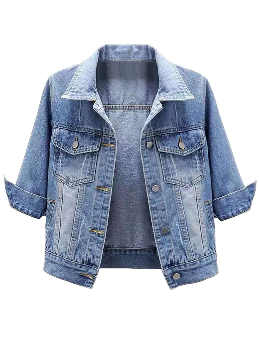 Locachy Womens 3/4 Sleeve Short Denim Jacket Lapel Button Down Cropped Trucker Jean Jackets Coats Light Blue L