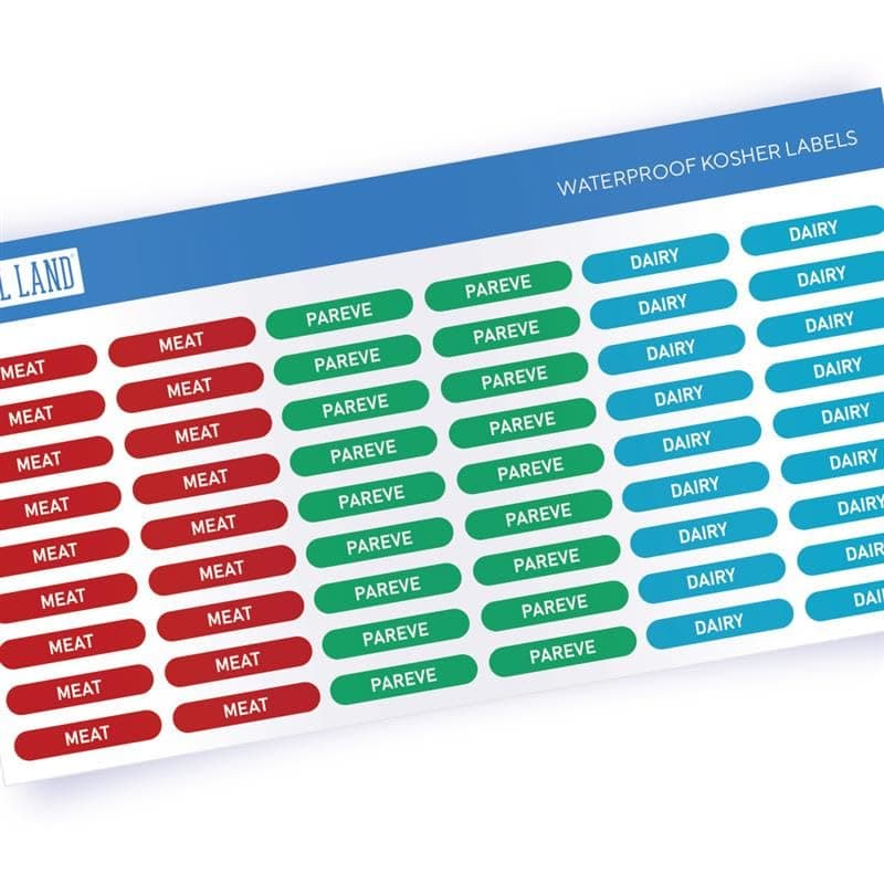 Label Land Kosher Sticker Labels, Pack of 108 - Meat, Dairy, Pareve, Color Coded, Dishwasher Safe, Red, Blue, Green, 36 Labels Each