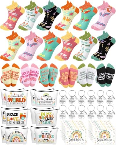 Dansydaisy 48 Pcs Novelty Social Worker Gifts Bulk Include Funny Cotton Ankle Socks Makeup Bag Keychain Greeting Card for Thank You Appreciation Birthday Graduation Gifts Supplies
