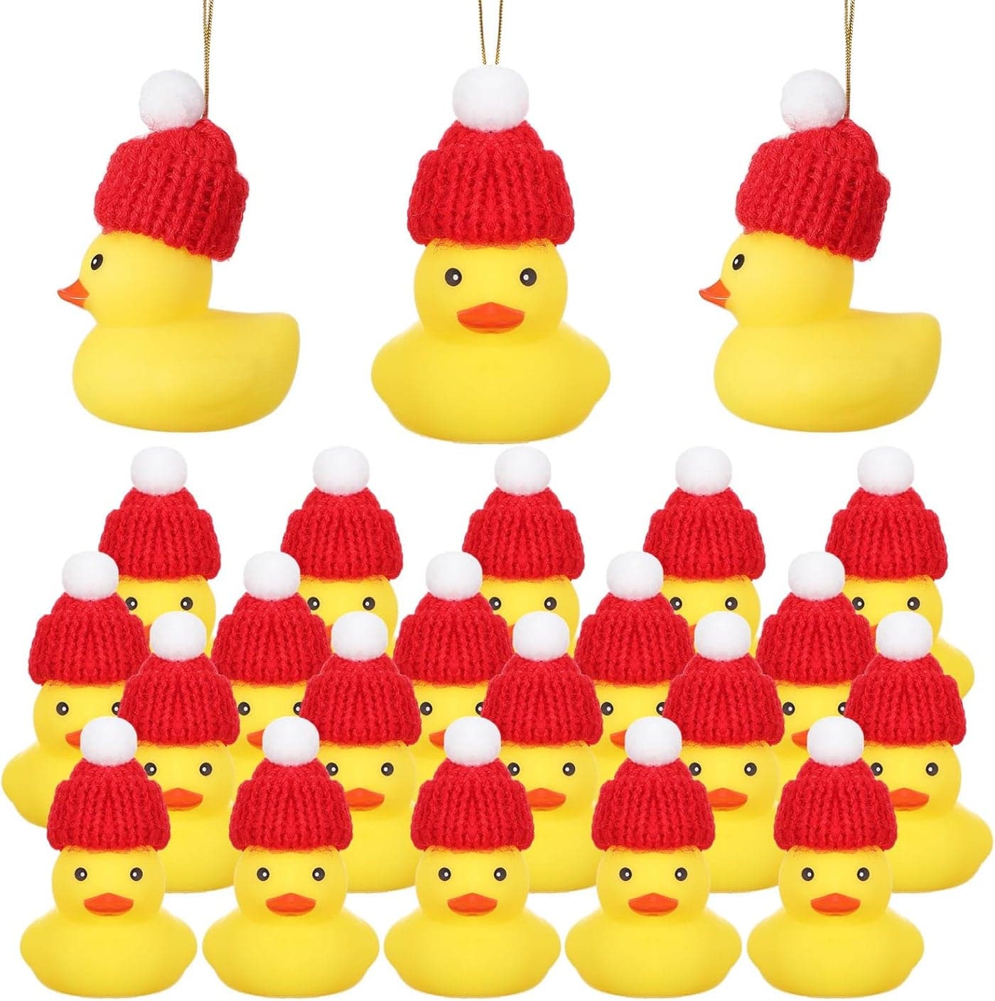 Syhood 24 Pcs Christmas Rubber Ducks Ornament with Knitting Hats Tiny Christmas Ducks Hanging Ornament Yellow Rubber Ornaments for Tree Holiday Birthday Xma Party Decoration