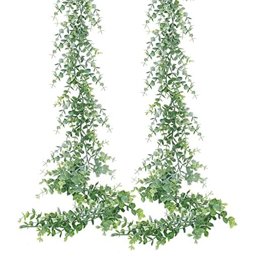 Dolicer 2 Pack Faux Eucalyptus Garland, 12Ft Artificial Vines Fake Hanging Eucalyptus Leaves Greenery Garland for Wedding Backdrop Arch Wall Table Party Indoor Outdoor Decor (Grey Green)